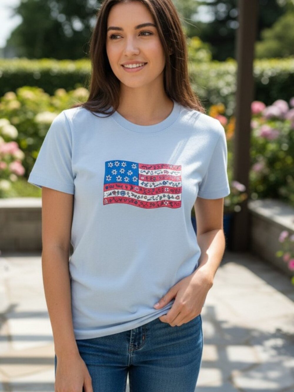 Life is Good Americana Patchwork Floral Flag W's Crusher Crew Tee Shirt